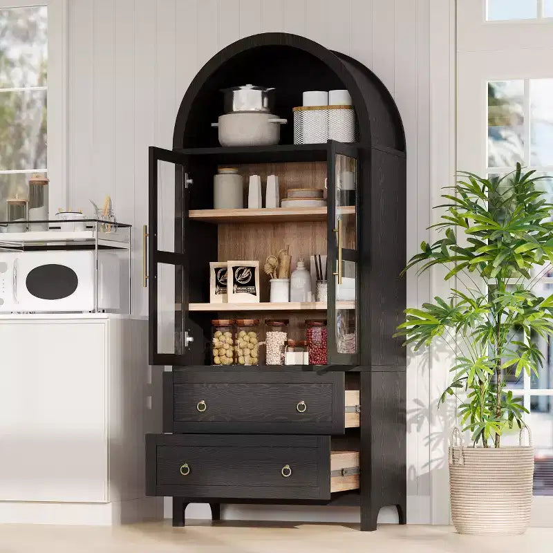 sumyeg 71 Grande Armoire de Cuisine Haute Cintrée avec Portes Vitrées, Étagères Réglables et 2 Grands Tiroirs