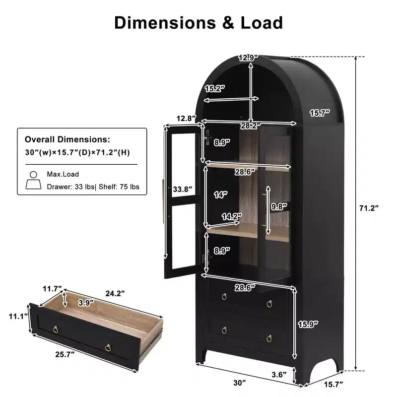 sumyeg 71 Grande Armoire de Cuisine Haute Cintrée avec Portes Vitrées, Étagères Réglables et 2 Grands Tiroirs