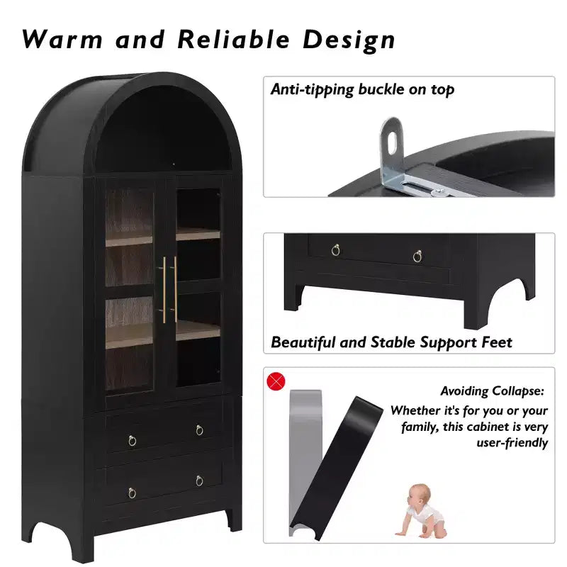 sumyeg 71 Grande Armoire de Cuisine Haute Cintrée avec Portes Vitrées, Étagères Réglables et 2 Grands Tiroirs