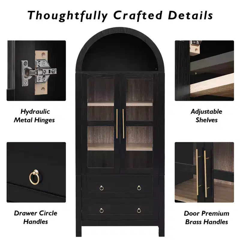 sumyeg 71 Grande Armoire de Cuisine Haute Cintrée avec Portes Vitrées, Étagères Réglables et 2 Grands Tiroirs