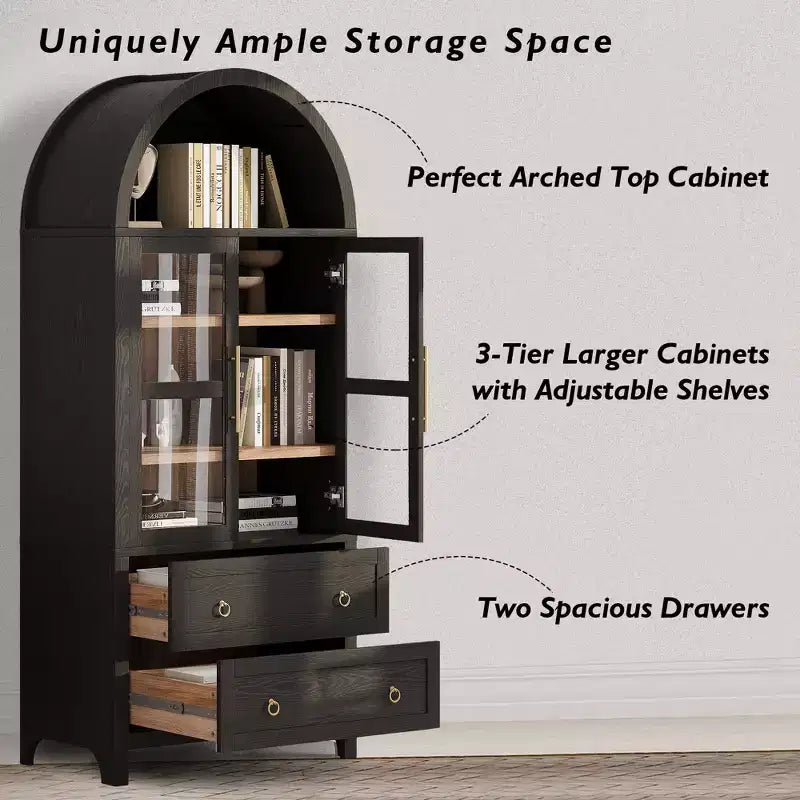 sumyeg 71 Grande Armoire de Cuisine Haute Cintrée avec Portes Vitrées, Étagères Réglables et 2 Grands Tiroirs