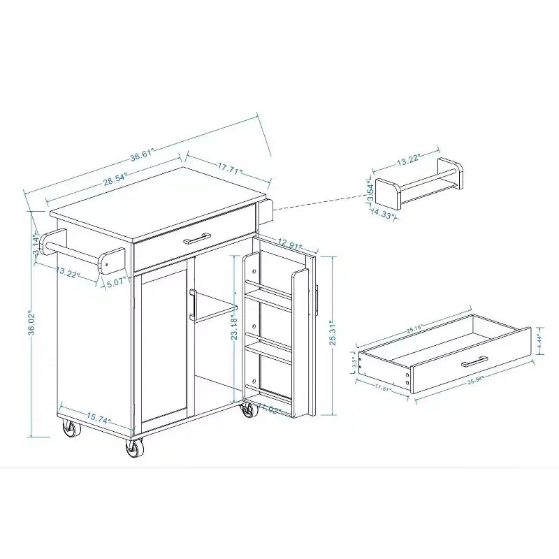 Chariot de cuisine roulant sumyeg avec tiroir, armoire, étagère et plateau en bois d'hévéa