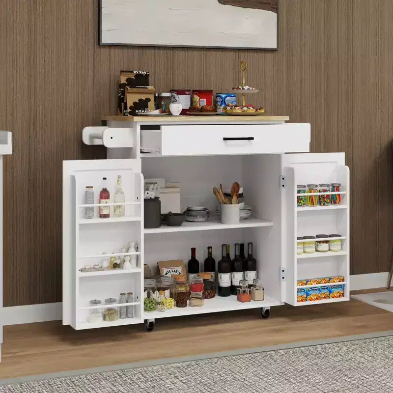 Chariot de cuisine roulant sumyeg avec tiroir, armoire, étagère et plateau en bois d'hévéa