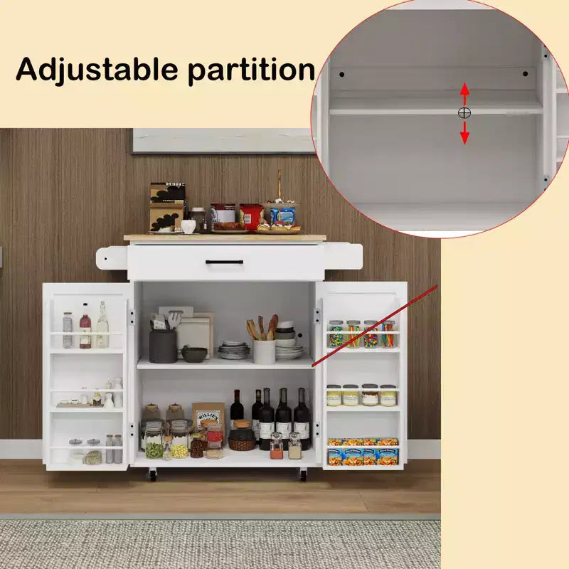 Chariot de cuisine roulant sumyeg avec tiroir, armoire, étagère et plateau en bois d'hévéa