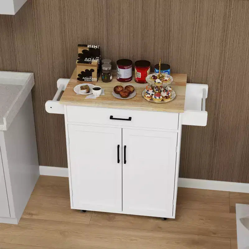 Chariot de cuisine roulant sumyeg avec tiroir, armoire, étagère et plateau en bois d'hévéa