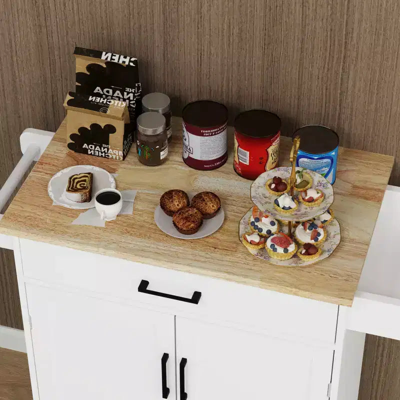 Chariot de cuisine roulant sumyeg avec tiroir, armoire, étagère et plateau en bois d'hévéa