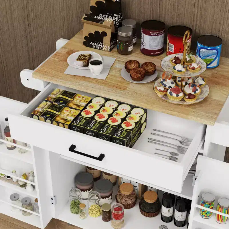 Chariot de cuisine roulant sumyeg avec tiroir, armoire, étagère et plateau en bois d'hévéa