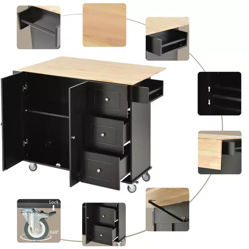 sumyeg Îlot de cuisine roulant avec plateau en bois massif, abattant, roulettes verrouillables, armoire de rangement, étagère à épices, porte-serviettes et tiroir, 133,9 cm