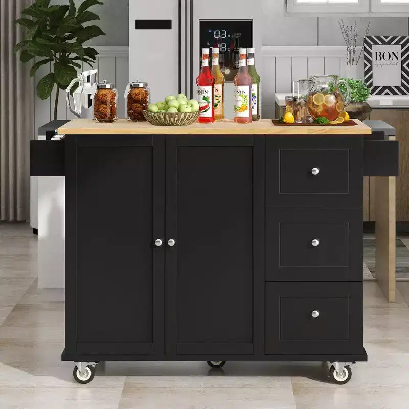 sumyeg Îlot de cuisine roulant avec plateau en bois massif, abattant, roulettes verrouillables, armoire de rangement, étagère à épices, porte-serviettes et tiroir, 133,9 cm