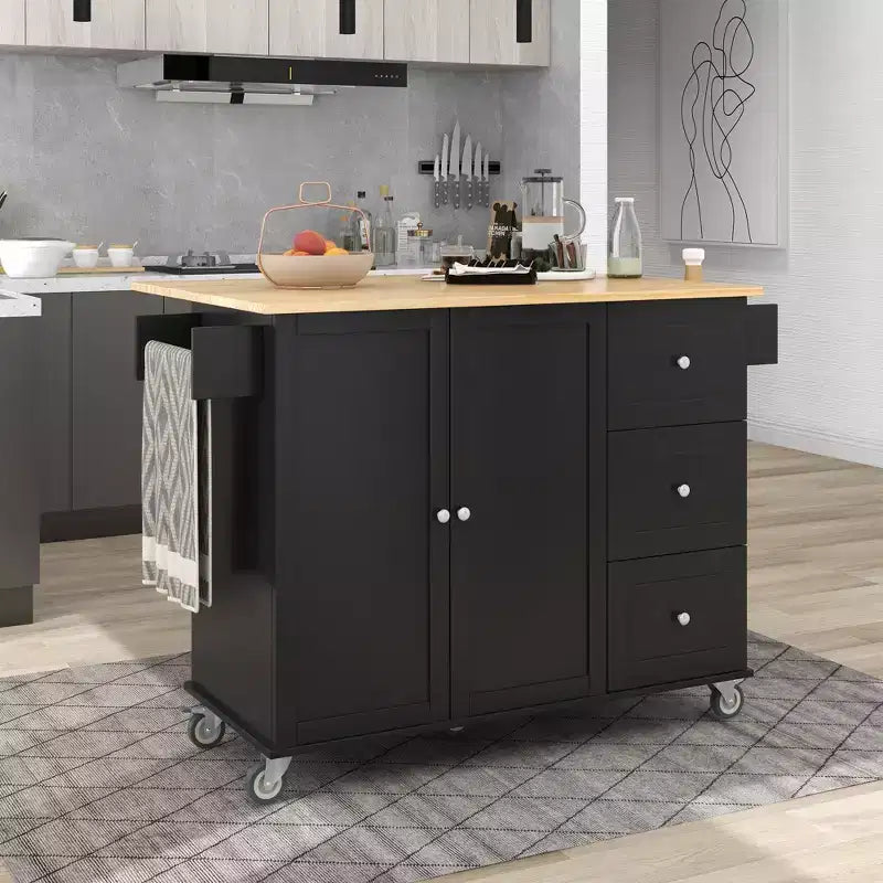 sumyeg Îlot de cuisine roulant avec plateau en bois massif, abattant, roulettes verrouillables, armoire de rangement, étagère à épices, porte-serviettes et tiroir, 133,9 cm