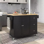 sumyeg Îlot de cuisine roulant avec plateau en bois massif, abattant, roulettes verrouillables, armoire de rangement, étagère à épices, porte-serviettes et tiroir, 133,9 cm