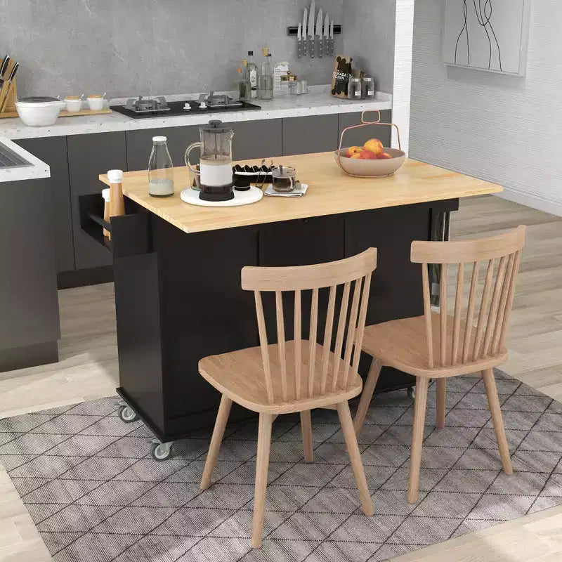 sumyeg Îlot de cuisine roulant avec plateau en bois massif, abattant, roulettes verrouillables, armoire de rangement, étagère à épices, porte-serviettes et tiroir, 133,9 cm