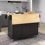 sumyeg Îlot de cuisine roulant avec plateau en bois massif, abattant, roulettes verrouillables, armoire de rangement, étagère à épices, porte-serviettes et tiroir, 133,9 cm
