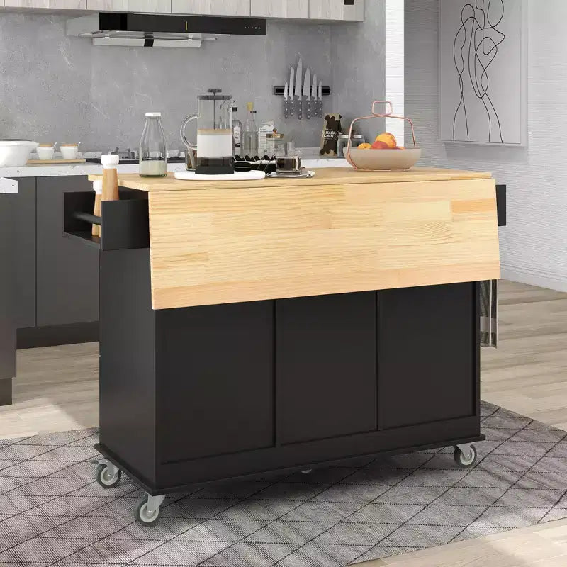 sumyeg Îlot de cuisine roulant avec plateau en bois massif, abattant, roulettes verrouillables, armoire de rangement, étagère à épices, porte-serviettes et tiroir, 133,9 cm