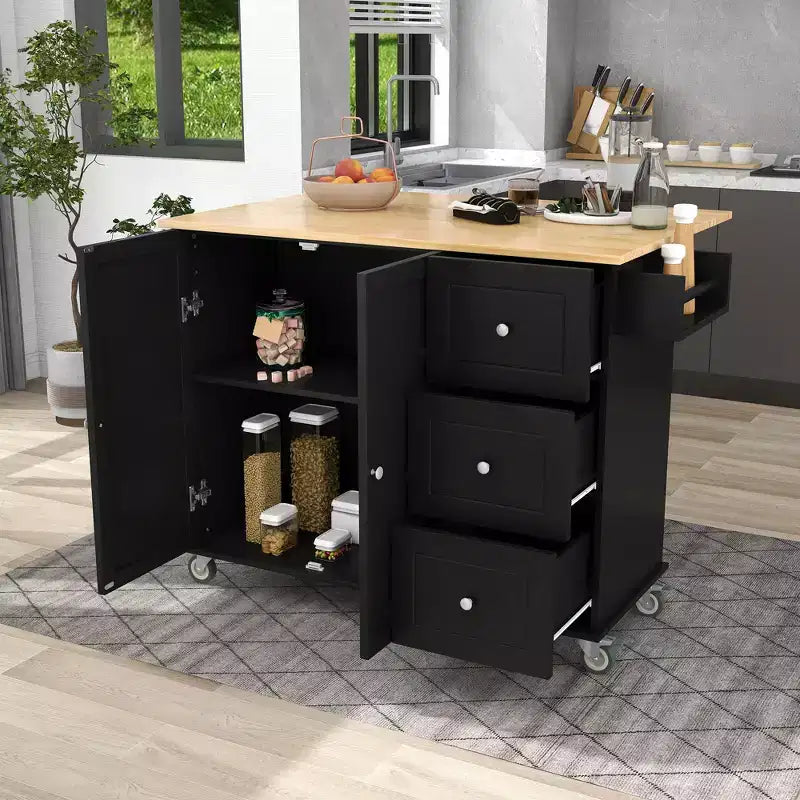 sumyeg Îlot de cuisine roulant avec plateau en bois massif, abattant, roulettes verrouillables, armoire de rangement, étagère à épices, porte-serviettes et tiroir, 133,9 cm