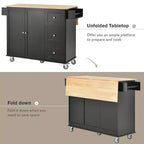 sumyeg Îlot de cuisine roulant avec plateau en bois massif, abattant, roulettes verrouillables, armoire de rangement, étagère à épices, porte-serviettes et tiroir, 133,9 cm