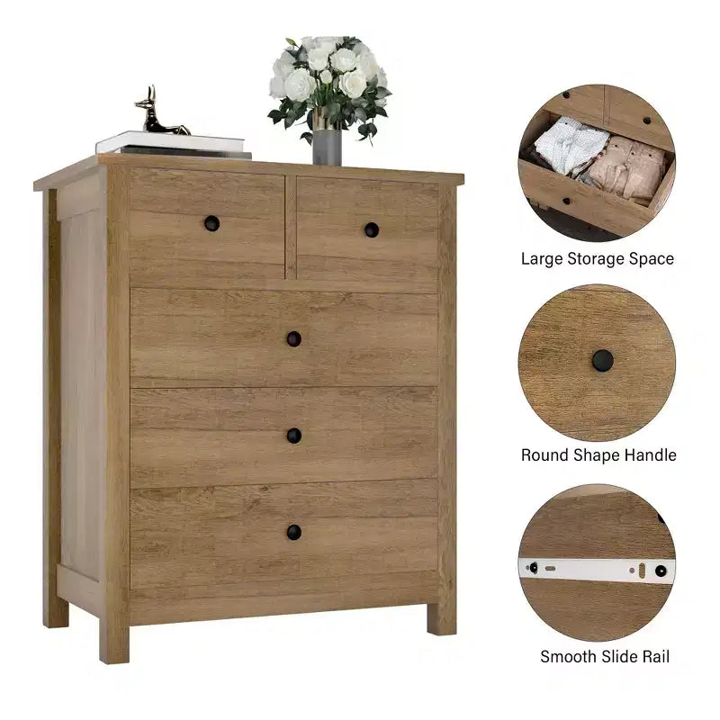 Commode Canellée. Grande Commode 5 Tiroirs avec Poignées et Pieds en Métal Doré. Organisateur de Rangement