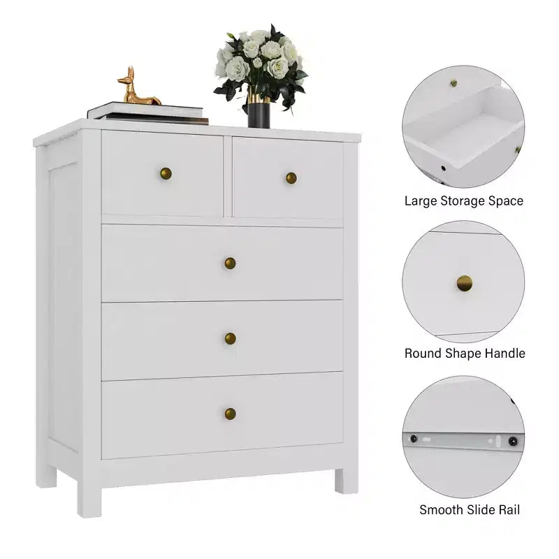 Commode Canellée. Grande Commode 5 Tiroirs avec Poignées et Pieds en Métal Doré. Organisateur de Rangement
