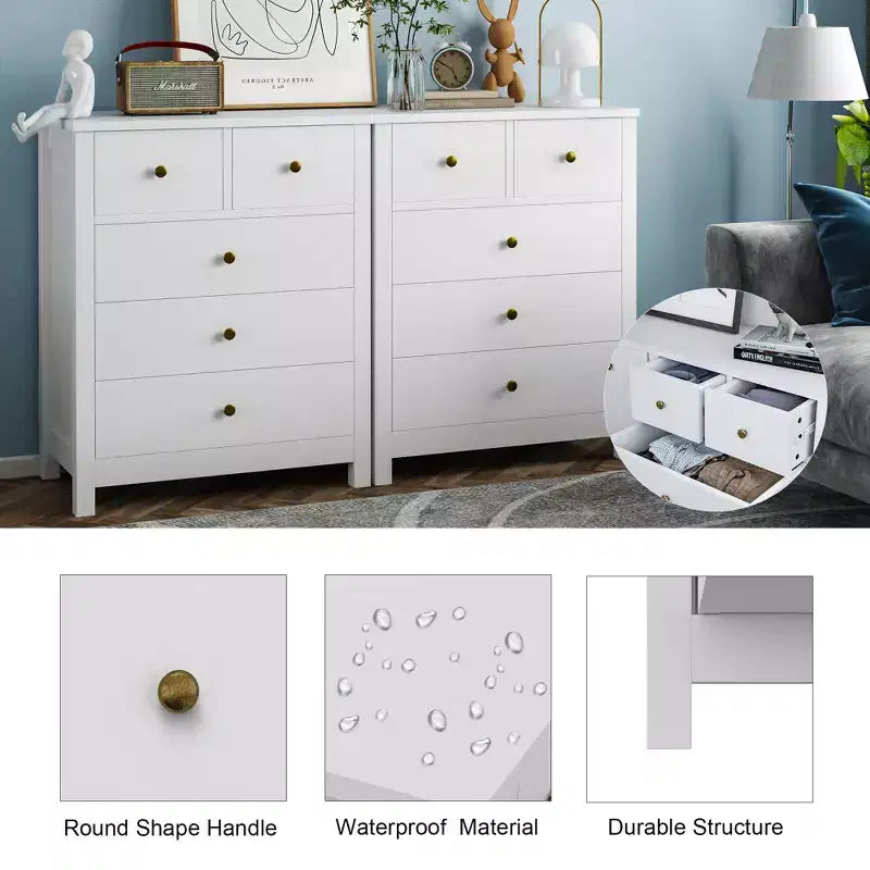 Commode Canellée. Grande Commode 5 Tiroirs avec Poignées et Pieds en Métal Doré. Organisateur de Rangement