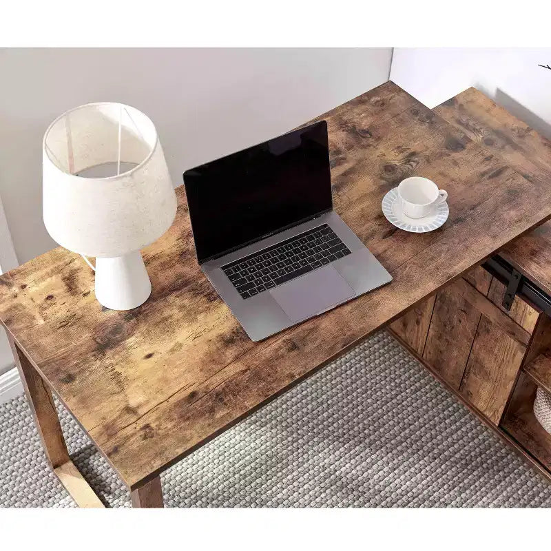 Bureau d'angle TUYOHW 47.25, poste de travail avec crédence à porte coulissante, bureau réversible pour la maison, poste de travail flottant avec dos fini