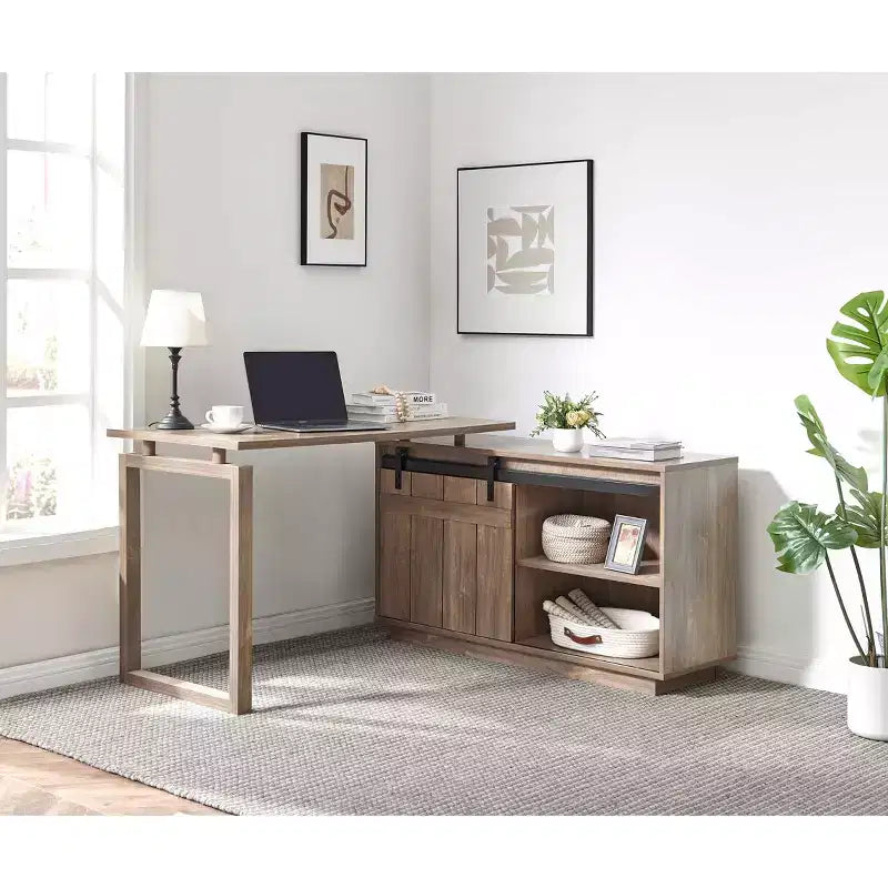 Bureau d'angle TUYOHW 47.25, poste de travail avec crédence à porte coulissante, bureau réversible pour la maison, poste de travail flottant avec dos fini