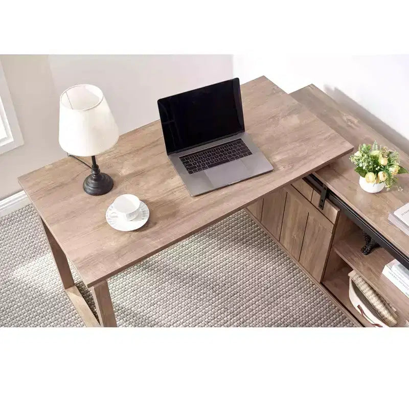 Bureau d'angle TUYOHW 47.25, poste de travail avec crédence à porte coulissante, bureau réversible pour la maison, poste de travail flottant avec dos fini