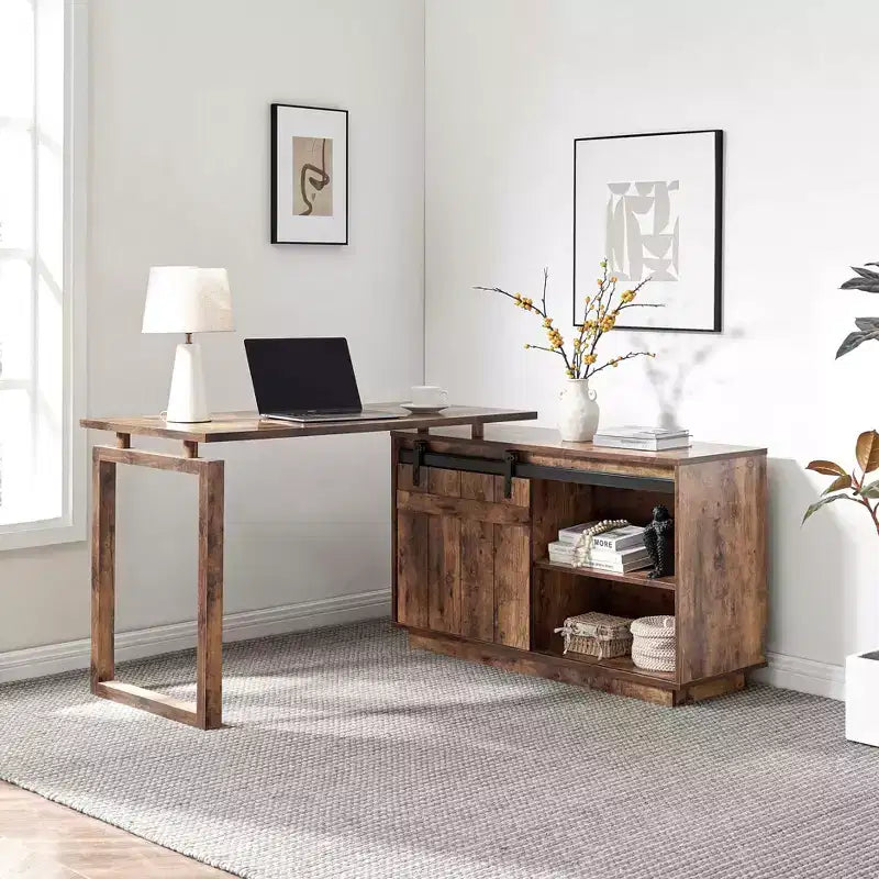 Bureau d'angle TUYOHW 47.25, poste de travail avec crédence à porte coulissante, bureau réversible pour la maison, poste de travail flottant avec dos fini