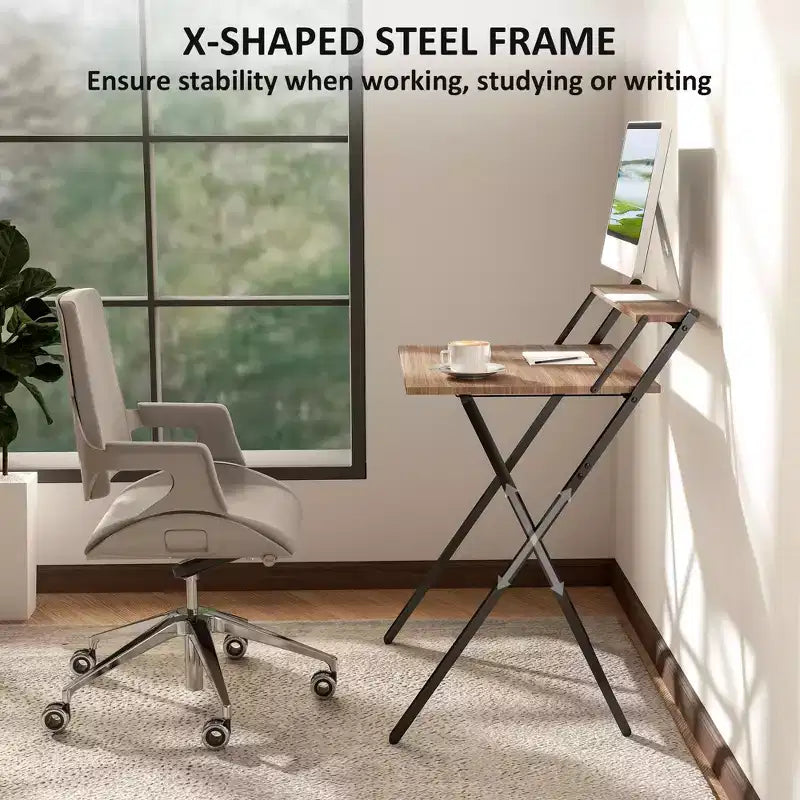Bureau d'étude pliable TUYOHW, bureau d'ordinateur pliable avec étagère pour moniteur, cadre en acier en forme de X, bureau d'écriture pour le bureau à domicile, l'étude, les petits espaces.