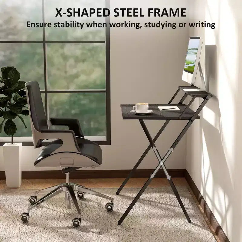 Bureau d'étude pliable TUYOHW, bureau d'ordinateur pliable avec étagère pour moniteur, cadre en acier en forme de X, bureau d'écriture pour le bureau à domicile, l'étude, les petits espaces.
