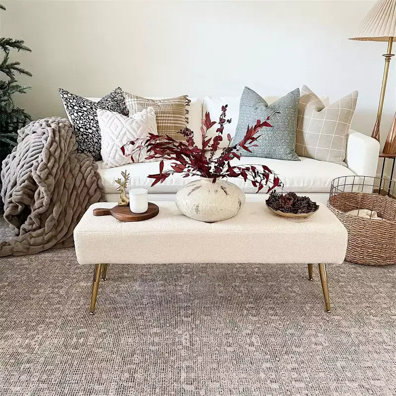 Banc Rembourré en Fausse Peau de Mouton Tufté Furniliving avec Boutons et Pieds en Métal pour Chambre/Entrée/Couloir