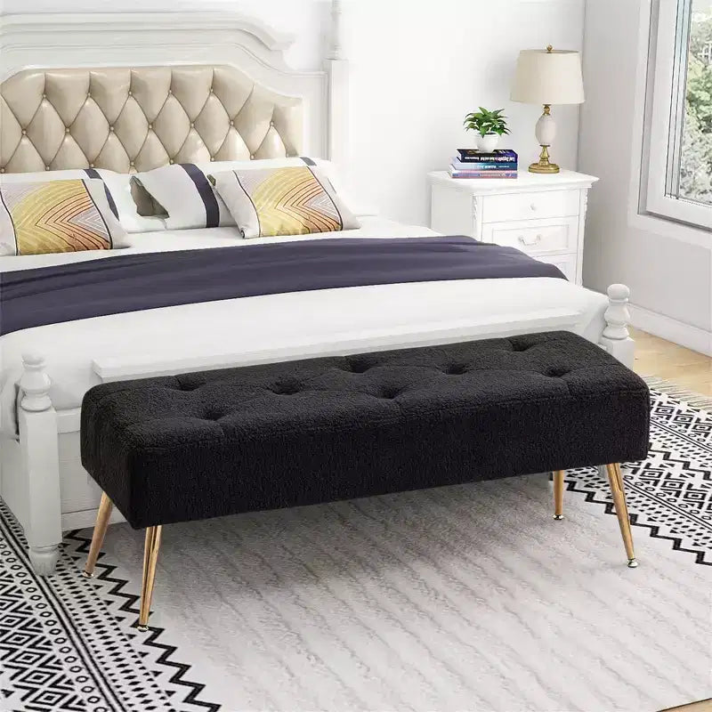 Banc Rembourré en Fausse Peau de Mouton Tufté Furniliving avec Boutons et Pieds en Métal pour Chambre/Entrée/Couloir