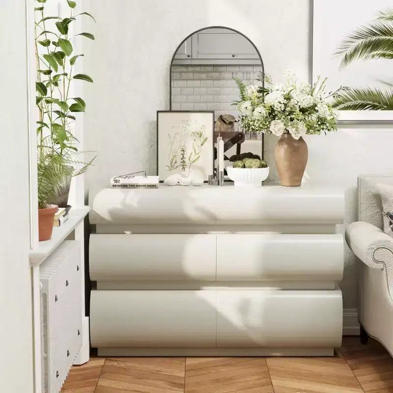 JVNOXK Commode 6 tiroirs de 109 cm pour chambre à coucher, sans poignée, style moderne, grand espace de rangement, convient pour les chambres et les salons, blanche