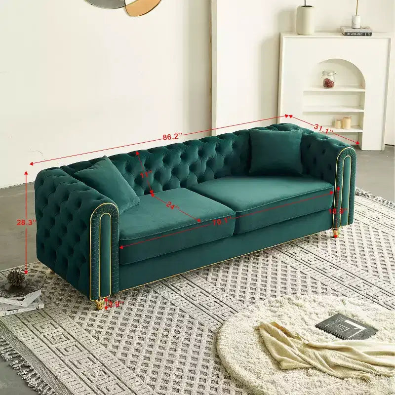 Canapé Chesterfield touffeté de luxe moderne de 86 po, canapé 3 places avec accoudoirs arrondis et bordure dorée pour salon, chambre ou appartement - Panipeachy
