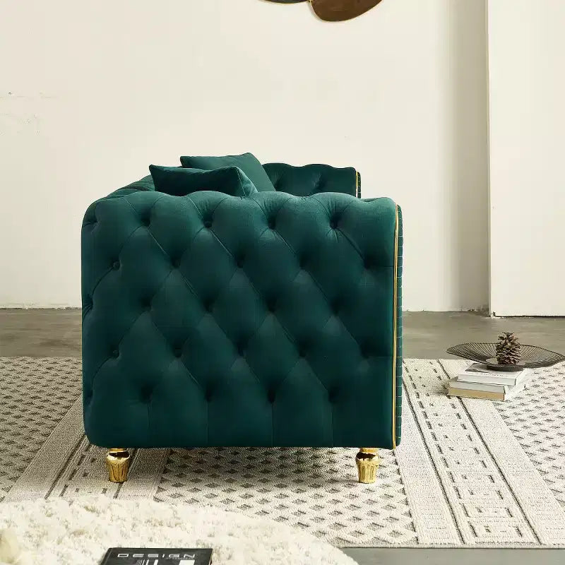 Canapé Chesterfield touffeté de luxe moderne de 86 po, canapé 3 places avec accoudoirs arrondis et bordure dorée pour salon, chambre ou appartement - Panipeachy