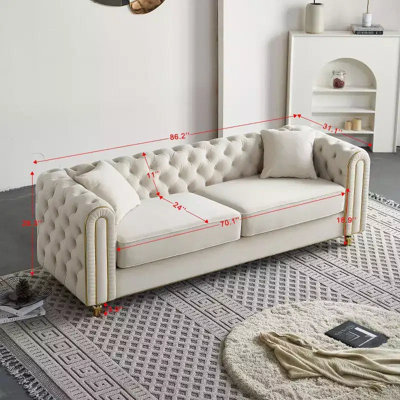 Canapé Chesterfield touffeté de luxe moderne de 86 po, canapé 3 places avec accoudoirs arrondis et bordure dorée pour salon, chambre ou appartement - Panipeachy
