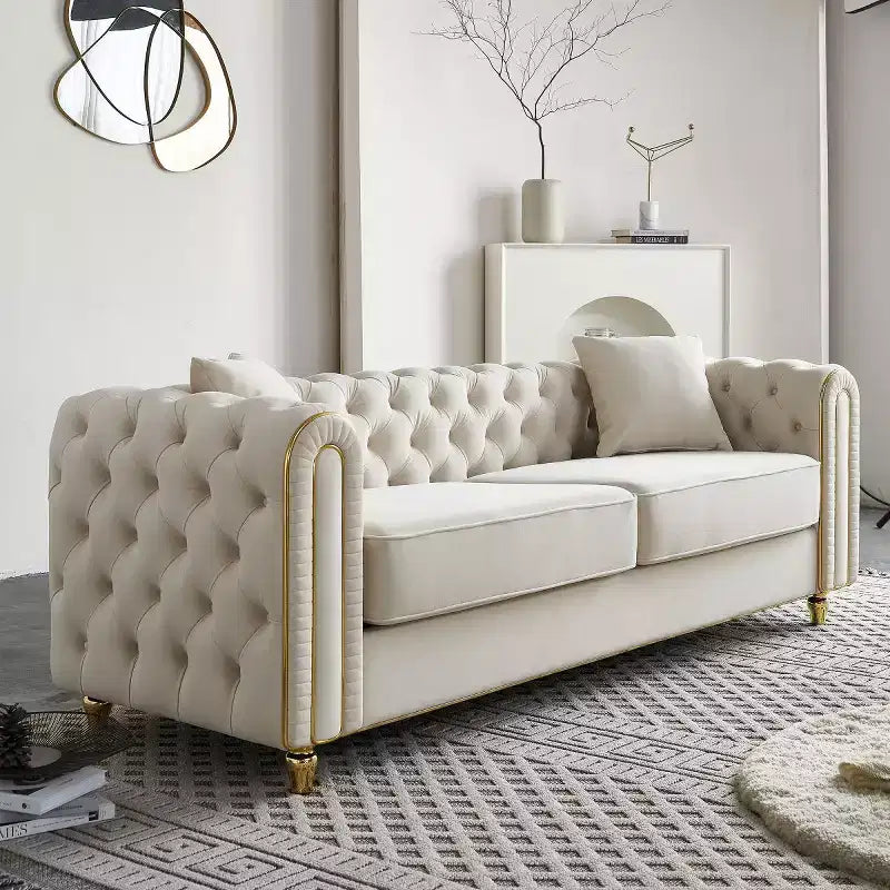 Canapé Chesterfield touffeté de luxe moderne de 86 po, canapé 3 places avec accoudoirs arrondis et bordure dorée pour salon, chambre ou appartement - Panipeachy