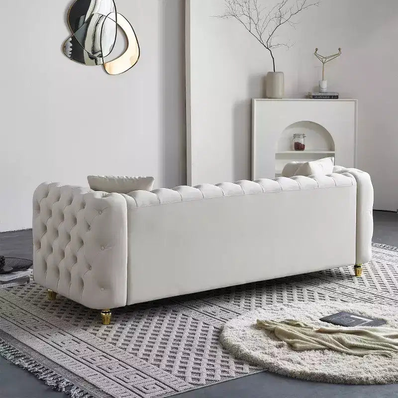 Canapé Chesterfield touffeté de luxe moderne de 86 po, canapé 3 places avec accoudoirs arrondis et bordure dorée pour salon, chambre ou appartement - Panipeachy