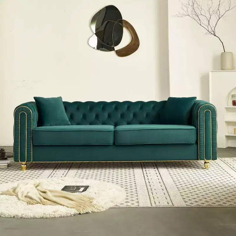 Canapé Chesterfield touffeté de luxe moderne de 86 po, canapé 3 places avec accoudoirs arrondis et bordure dorée pour salon, chambre ou appartement - Panipeachy