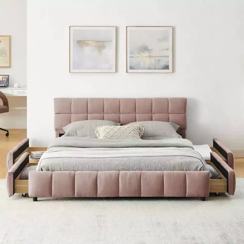 Lit capitonné Queen Size MAYEERTY avec tête de lit en tissu chenille, cadre de lit solide, tiroir pour chambre à coucher, Rose