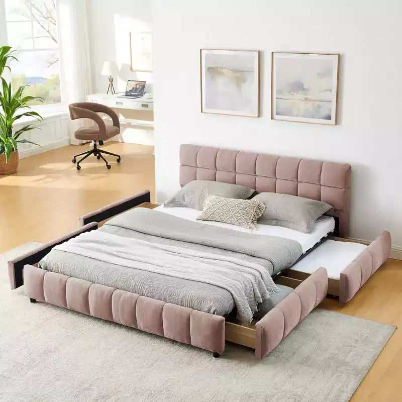 Lit capitonné Queen Size MAYEERTY avec tête de lit en tissu chenille, cadre de lit solide, tiroir pour chambre à coucher, Rose