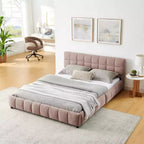 Lit capitonné Queen Size MAYEERTY avec tête de lit en tissu chenille, cadre de lit solide, tiroir pour chambre à coucher, Rose