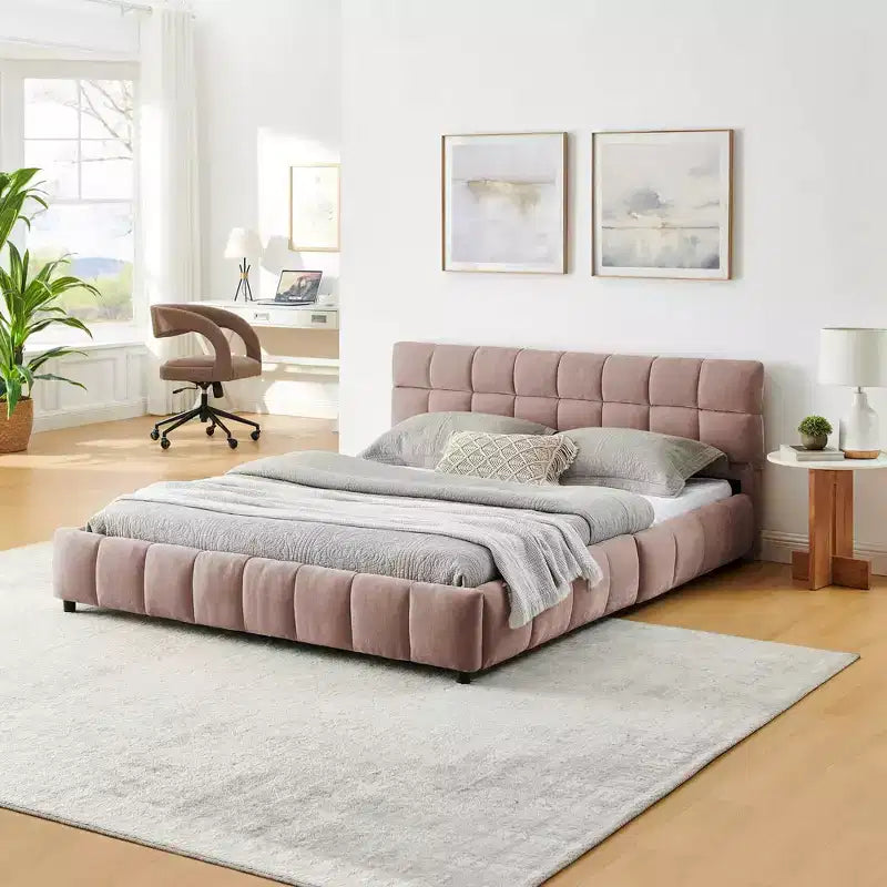 Lit capitonné Queen Size MAYEERTY avec tête de lit en tissu chenille, cadre de lit solide, tiroir pour chambre à coucher, Rose