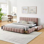 Lit capitonné Queen Size MAYEERTY avec tête de lit en tissu chenille, cadre de lit solide, tiroir pour chambre à coucher, Rose