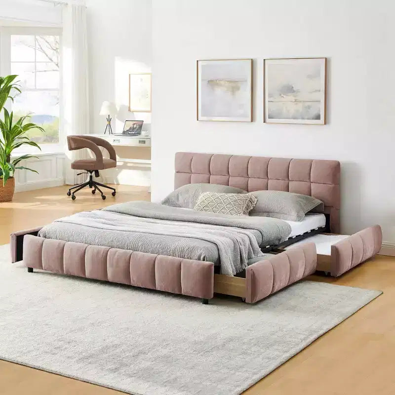 Lit capitonné Queen Size MAYEERTY avec tête de lit en tissu chenille, cadre de lit solide, tiroir pour chambre à coucher, Rose