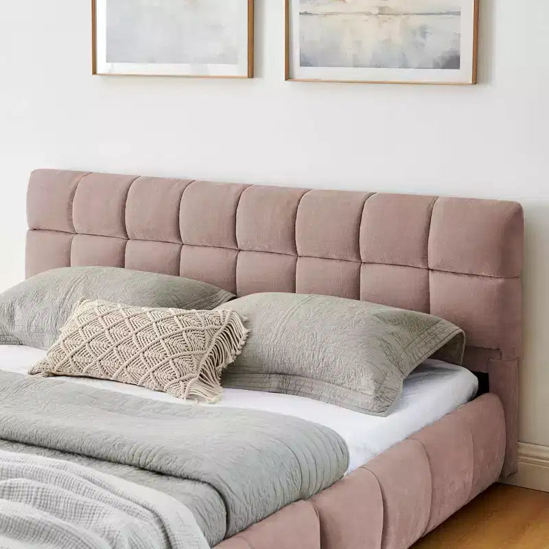 Lit capitonné Queen Size MAYEERTY avec tête de lit en tissu chenille, cadre de lit solide, tiroir pour chambre à coucher, Rose