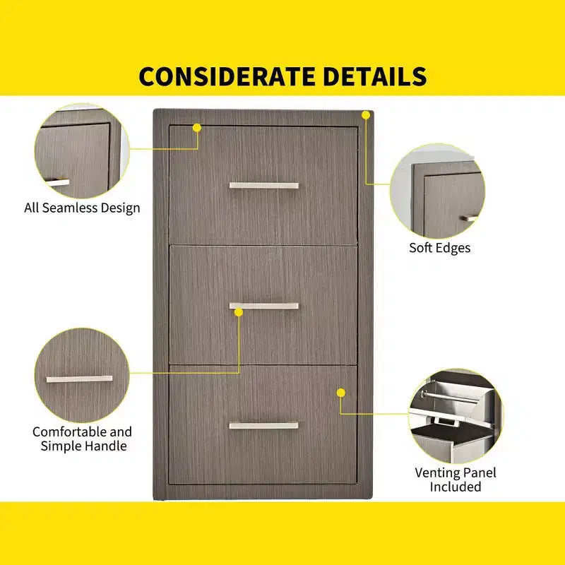 Tiroirs de cuisine extérieure 17 W x 30 H x 21 P, tiroirs triples encastrables pour barbecue avec poignée en acier inoxydable, combo porte-serviettes en papier pour îlot de barbecue