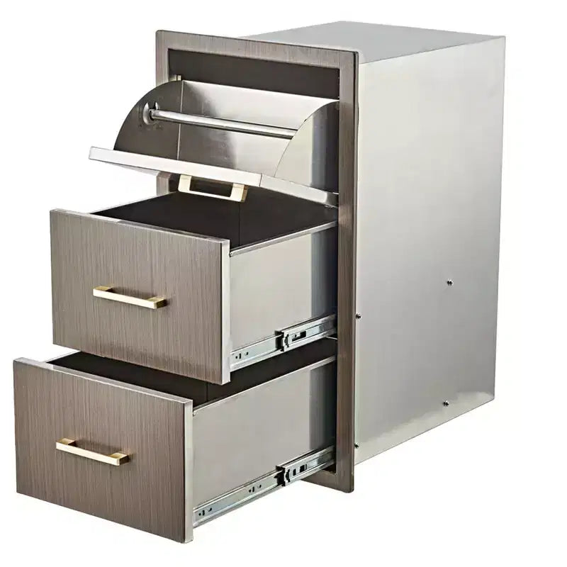 Tiroirs de cuisine extérieure 17 W x 30 H x 21 P, tiroirs triples encastrables pour barbecue avec poignée en acier inoxydable, combo porte-serviettes en papier pour îlot de barbecue