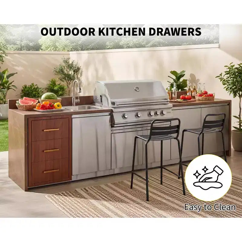 Tiroirs de cuisine extérieure 17 W x 30 H x 21 P, tiroirs triples encastrables pour barbecue avec poignée en acier inoxydable, combo porte-serviettes en papier pour îlot de barbecue