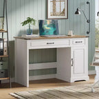 47in Farmhouse Executive Desk for Bedroom, Living Room, Rustic Workstation Computer Desk with Drawers and Storage Cabinet for Work and Study, White