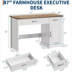 Bureau de direction rustique 47 po pour chambre et salon, avec tiroirs et meuble de rangement, pour le travail et les études, blanc